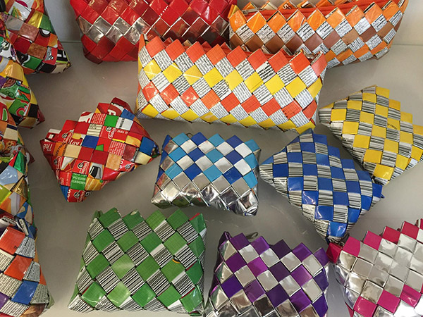 Handmade chip bags of various sizes and bright colors